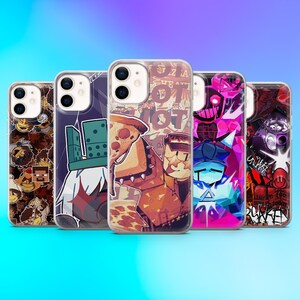 Peut inclure: Une collection de cinq coques de téléphone avec divers motifs graphiques colorés. Les coques présentent des illustrations de personnages de dessins animés, de pizzas et de motifs abstraits. Les coques sont présentées sur un fond bleu et violet dégradé.
