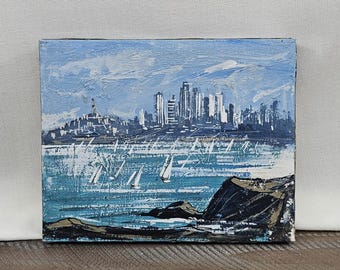 Vintage Original 8x10 Impasto Cityscape Painting, Signed Sailboat Art