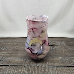 Vintage Watercolor Art Glass Vase Fluid Pink & Yellow Hand-Blown Decor