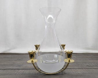 Vintage Brass 4-Arm Candelabra Centerpiece with Frosted Glass Vase Decanter
