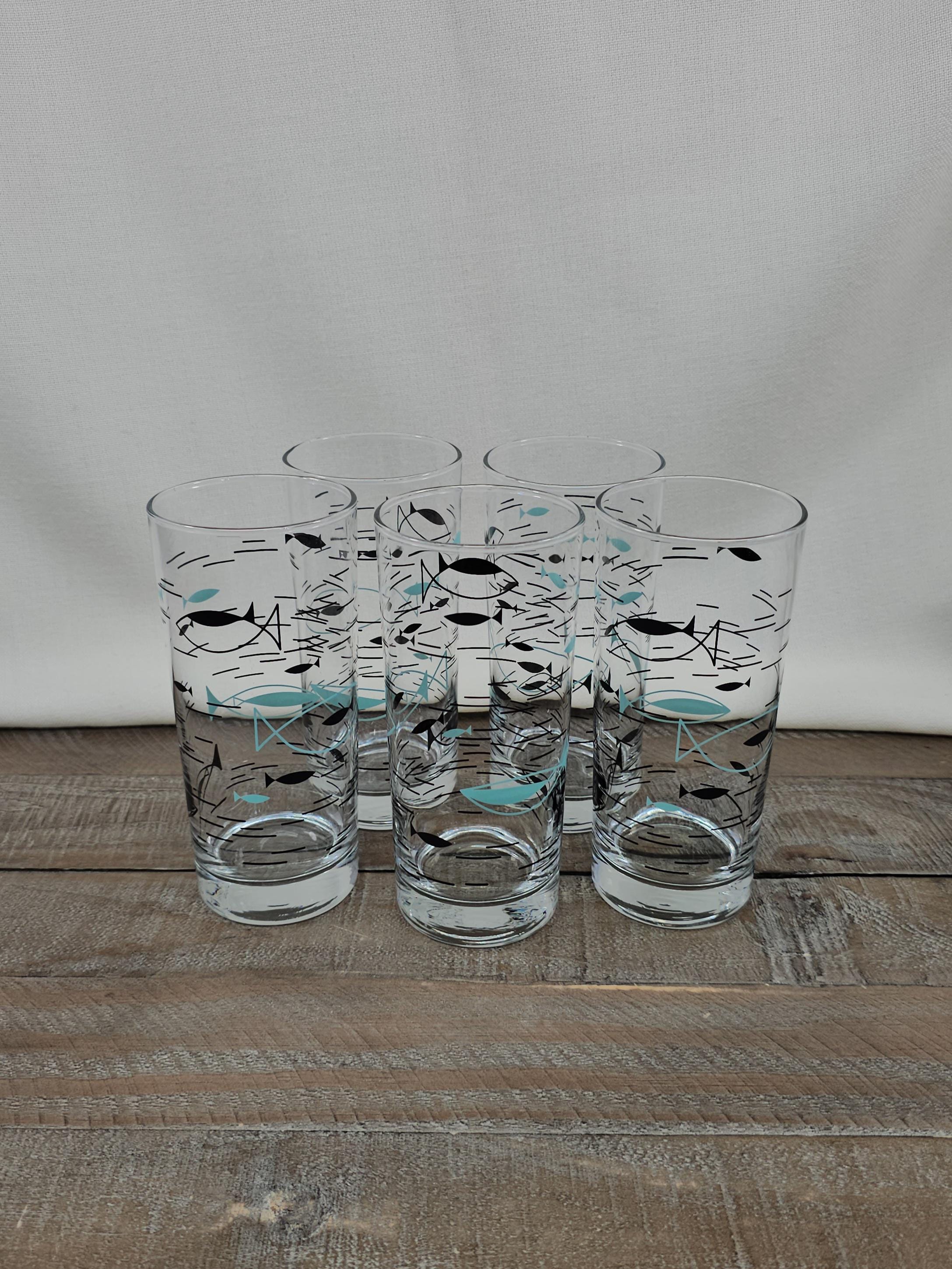 Vintage Libbey Blue Atomic Fish Glasses MCM Tall Tumblers Set of 5