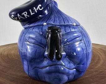 Vintage Blue Ceramic Garlic Keeper with Face - Kitsch Food Jar (AS IS)