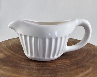 Vintage White Fluted Ceramic Gravy Boat, Modern Farmhouse Server