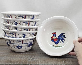 Vintage Azzurro Gallo Blue Rooster Cereal Soup Bowls - Set of 6