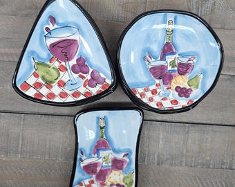 Vintage Hausenware Wine & Cheese Mini Plates - Set of 9 - Mary Jane Mitchell Folk Art Serving Dishes - Appetizer or Tapas Set