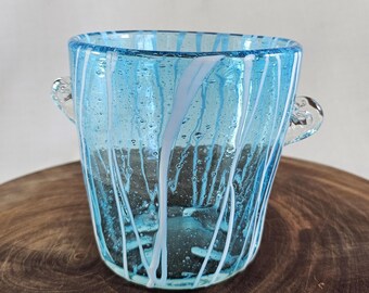 Vintage Aqua Blue Murano Style Hand-Blown Striped Glass Ice Bucket