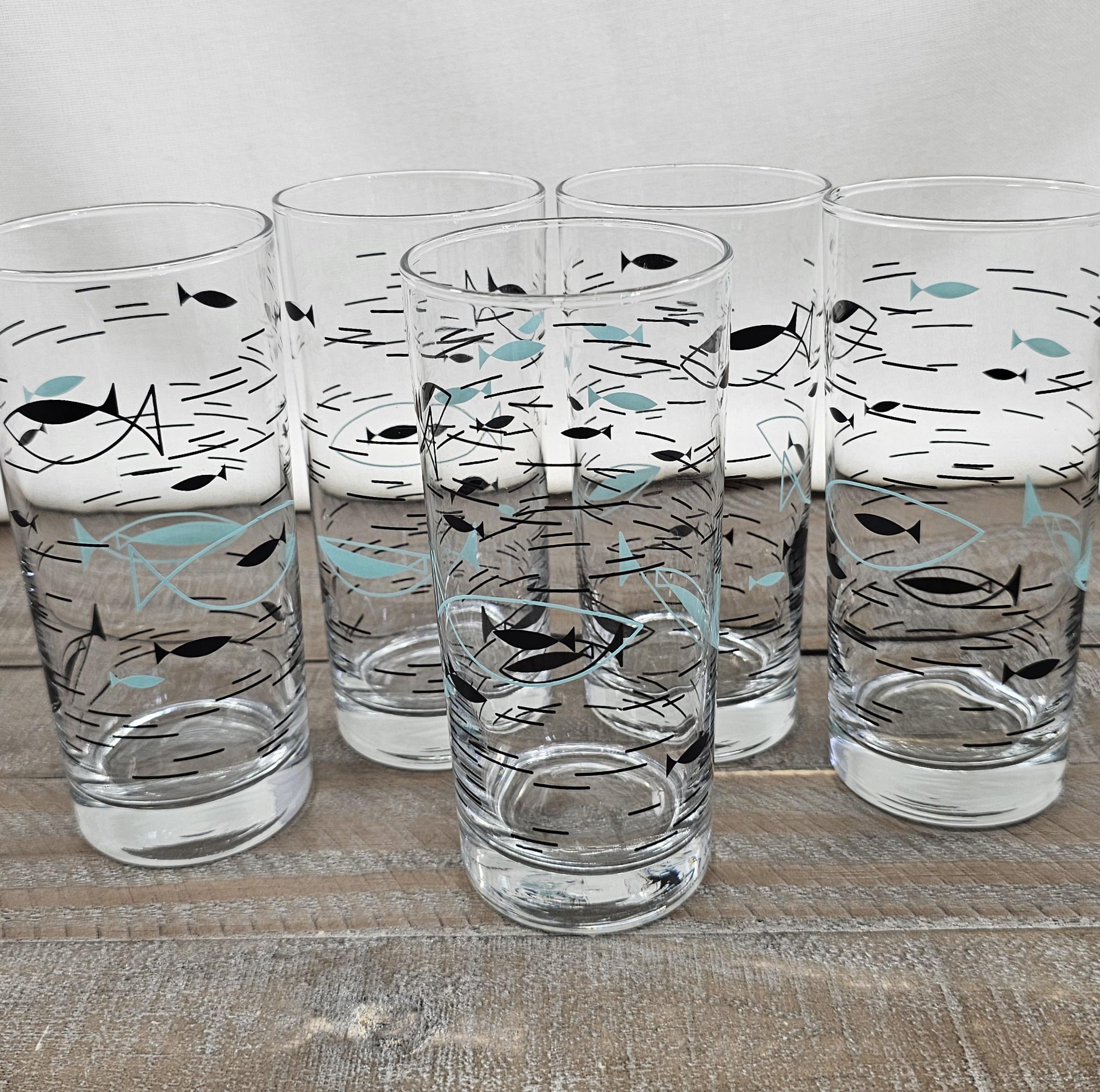 Vintage Libbey Blue Atomic Fish Glasses MCM Tall Tumblers Set of 5