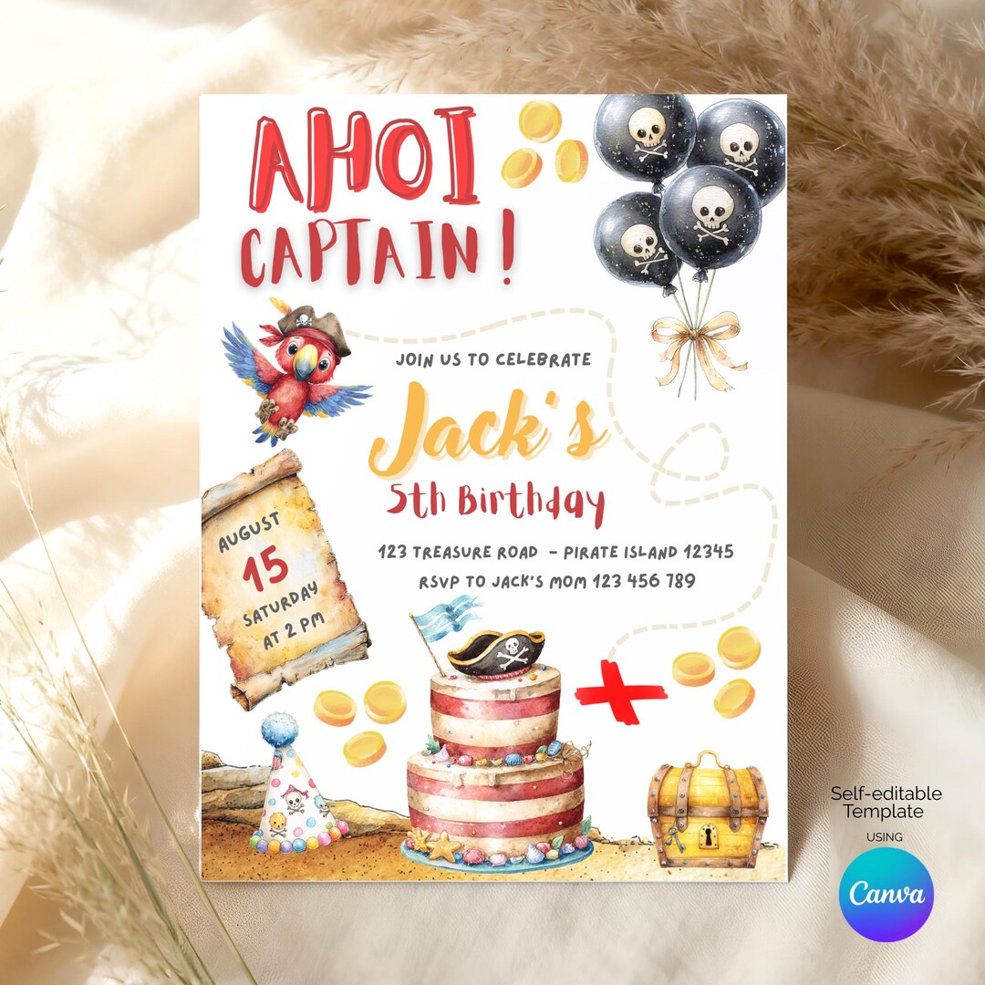Ahoy Captain Pirate Birthday Invitation – Editable Pirate Party Invite ...