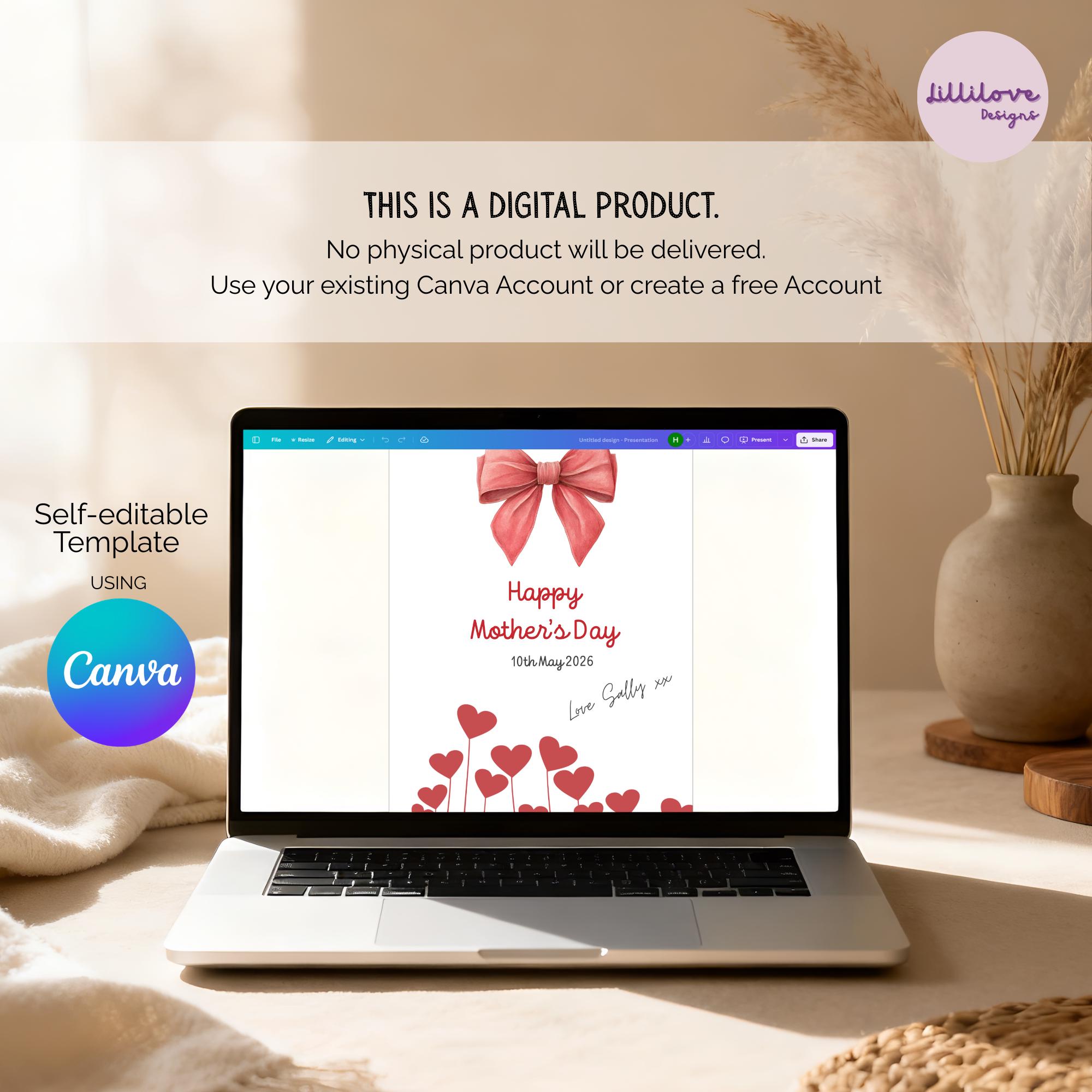 Printable Mother's Day Card Template, Editable Canva Mom Card, Red Bow ...