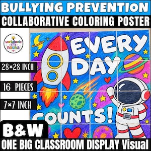May include: A 28x28 inch collaborative coloring poster featuring a space theme with a rocket, astronaut, planets, and stars. The text reads EVERY DAY COUNTS! The poster consists of 16 pieces, each 7x7 inches, displayed as a large classroom visual.