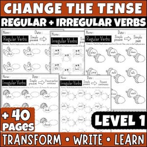 Peut inclure: Feuille de travail éducative intitulée "CHANGE THE TENSE" avec "REGULAR + IRREGULAR VERBS" en haut. La feuille de travail comprend des exercices à compléter pour la conjugaison des verbes, avec des illustrations d'animaux et d'objets. Le texte "+ 40 PAGES" et "LEVEL 1" sont également visibles.