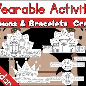 Peut inclure: Feuille d'activité artisanale avec le texte "Activités à porter: Couronnes et Bracelets Craft". La feuille présente des dessins au trait de couronnes, de lanternes et de mosquées, avec du texte comme "Soyez patient" et "Je respecte tout le monde."