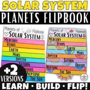 Peut inclure: Deux livrets éducatifs sur le système solaire composés de bandes de papier colorées avec les noms des planètes. Une version affiche du texte, tandis que l'autre inclut des illustrations dessinées à la main des planètes et du soleil. Titre : Planets of Solar System Flipbook.