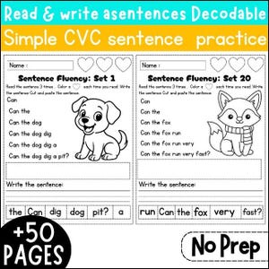 Puede incluir: Una hoja de trabajo para la práctica de oraciones CVC simples. La parte superior de la página dice "Read & write asentences Decodable Simple CVC sentence practice". La hoja de trabajo incluye ejercicios de fluidez de oraciones con ilustraciones de un perro y un zorro. El texto "+50 PAGES" está en un círculo negro.