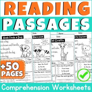 Peut inclure: Feuilles de travail de compréhension de lecture éducatives avec le titre "Reading Passages" en orange. Les feuilles de travail présentent des illustrations d'un chien, d'un raton laveur, d'une girafe et d'un éléphant, avec des questions à compléter et un graphique "+50 PAGES".
