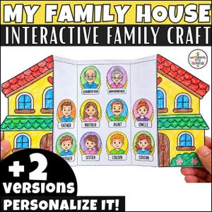 Może przedstawiać: Projekt rękodzieła z papieru zatytułowany MY FAMILY HOUSE INTERACTIVE FAMILY CRAFT przedstawiający żółty dom z czerwonym dachem i zielonymi akcentami. Środkowy panel zawiera dziewięć ilustrowanych członków rodziny w owalnych ramkach z etykietami takimi jak Grandfather.