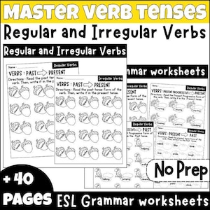 May include: ESL grammar worksheets with the title "MASTER VERB TENSES" in yellow and black. The worksheets focus on regular and irregular verbs, with examples of past and present tenses. The image includes the text "+40 PAGES ESL Grammar worksheets" and "No Prep".