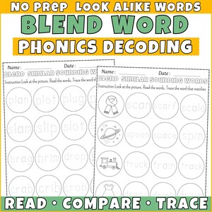 Puede incluir: Hoja de trabajo educativa con el texto "BLEND WORD PHONICS DECODING". La hoja de trabajo incluye ejercicios para completar con imágenes y palabras. Las instrucciones son "Mira la imagen. Lee las palabras. Traza la palabra que coincida."