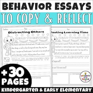 Peut inclure: Deux fiches pédagogiques en noir et blanc intitulées Behavior Essays to Copy & Reflect, avec des illustrations de robots, des sections de texte à lire et des exercices d'écriture. Les pages incluent les titres Distracting Others et Wasting Learning Time, avec un badge circulaire indiquant 30 pages pour le niveau maternelle et primaire.