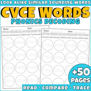 May include: Educational worksheet with the title "CVCE WORDS PHONICS DECODING". The worksheet includes fill-in-the-blank exercises with words like "tape", "cape", and "shape". The bottom of the worksheet says "READ COMPARE TRACE".