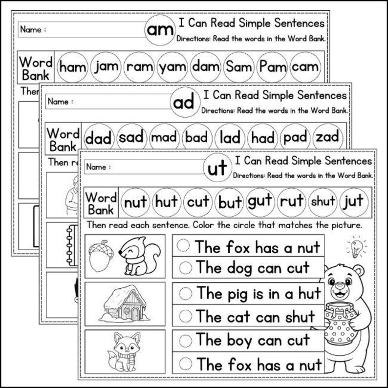 CVC Word Family Worksheets Printable | Simple Sentences Reading Fluency ...