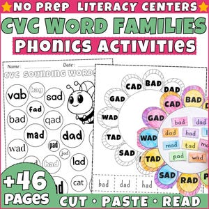 Peut inclure: Feuilles d'activités imprimables éducatives pour les familles de mots CVC. Les feuilles de travail comprennent des activités de découpage et de collage, avec un graphisme d'abeille et les mots "CUT • PASTE • READ". Le titre indique "CVC WORD FAMILIES PHONICS ACTIVITIES".