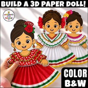 May include: A 3D paper doll craft kit featuring three illustrated figures with brown hair and dark eyes. The dolls wear ruffled dresses with red, white, and green accents. The text reads BUILD A 3D PAPER DOLL! and COLOR B&W. The figures have floral hair accessories.