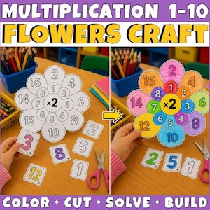 Multiplication Flower Craft Bundle | Multiplication Facts 1-10 Activities | Color Cut and Paste Math Craft | Printable Math Centers