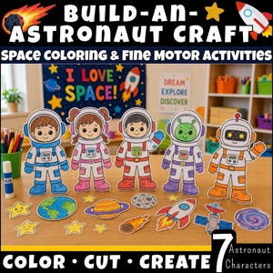 Peut inclure: Un kit d'artisanat avec le texte "BUILD-AN-ASTRONAUT CRAFT" comprenant sept personnages d'astronautes et des découpes sur le thème de l'espace. Le kit comprend des activités de coloriage et de motricité fine. Les astronautes sont de différentes couleurs, et les découpes spatiales incluent des planètes, des étoiles et une fusée.