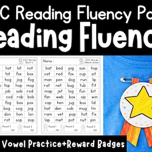 Peut inclure: Un pack de lecture fluide avec des exercices de mots CVC et des badges de récompense. L'image présente des listes de mots, un badge en forme d'étoile et le texte "Reading Fluency" et "Short Vowel Practice+Reward Badges."