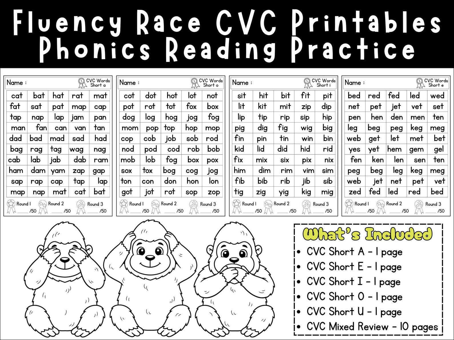 CVC Word Fluency Worksheets Printable PDF | Kindergarten Phonics ...