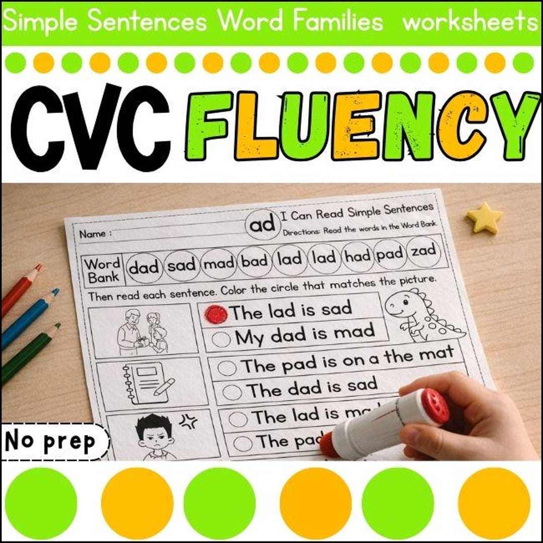 CVC Word Family Worksheets Printable | Simple Sentences Reading Fluency ...