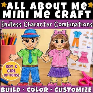Peut inclure: Kit de bricolage coloré avec le texte "ALL ABOUT ME MINI ME CRAFT". L'image montre une poupée en papier garçon et fille avec diverses options de vêtements. Les mots "BUILD", "COLOR" et "CUSTOMIZE" sont en bas.