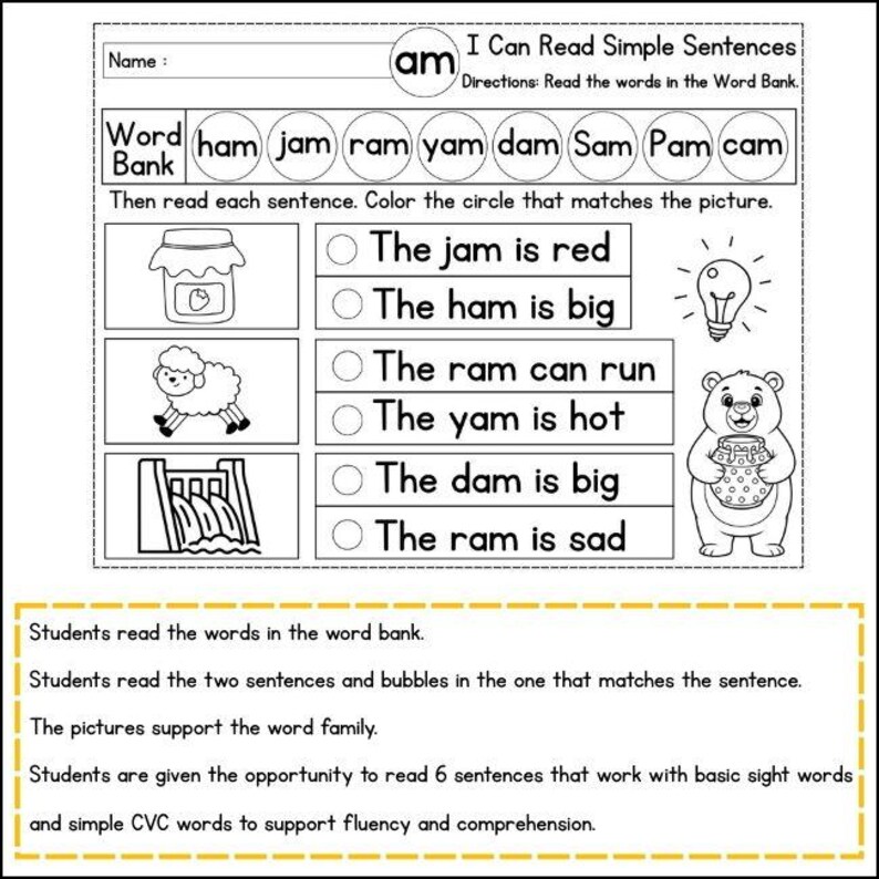 CVC Word Family Worksheets Printable | Simple Sentences Reading Fluency ...