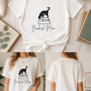Bookish Mom Cat T-Shirt | Stack of Books Illustration
