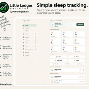 Può includere: Un'interfaccia digitale per l'app di monitoraggio neonati Little Ledger di MetricForgeStudio. Lo schermo mostra una dashboard con il monitoraggio del sonno, poppate, pannolini e farmaci, con un menu laterale e elenchi di attività recenti.