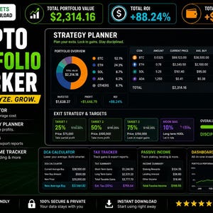 May include: A digital crypto portfolio tracker dashboard for Google Sheets featuring a dark interface with neon green, blue, and orange accents. It displays a pie chart, investment tables, exit strategy targets, a DCA calculator, and tax tracking metrics.