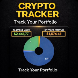 Puede incluir: Gráfico digital con el texto "CRYPTO TRACKER" y "Track Your Portfolio". Muestra un gráfico circular con información sobre el valor de la cartera y el beneficio neto. El gráfico está segmentado en verde, azul y naranja.