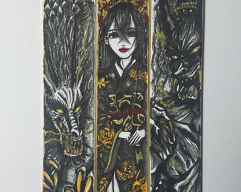 Tríptico japonés original único en su tipo: Princesa Dragón Dorado y Oni