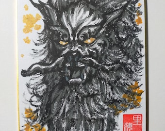 Original Zen Art "Roar of the Komainu" One-of-a-kind Sumi-e Ink Painting on Shikishi with Gold Accents, Hand-signed