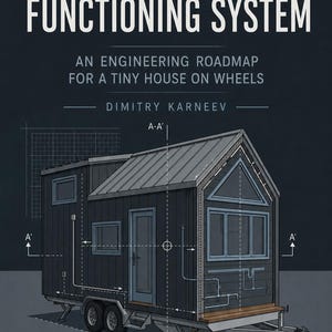 Könnte beinhalten: Illustration eines Tiny House auf Rädern, mit dem Titel "FROM IDEA TO FUNCTIONING SYSTEM" und dem Untertitel "AN ENGINEERING ROADMAP FOR A TINY HOUSE ON WHEELS". Das Haus ist dunkelgrau mit hellblauen Fensterrahmen.