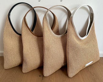 Bolso hobo de rafia y cuero genuino, bolso italiano de rafia y paja, bolso de hombro de rafia, bolso de cuero genuino y rafia, bolso clásico minimalista para el día a día.