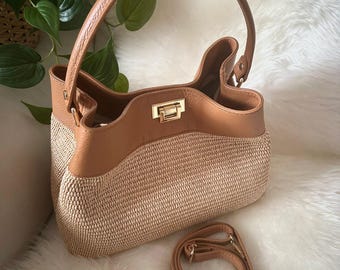 Elegancka torba ze skóry naturalnej i rafii, włoska torba typu tote, torba wyprodukowana we Włoszech, letnia torba ze słomy rafii, włoskie kieszenie ze skóry, luksusowy prezent
