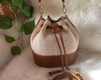 Bolso de rafia de cuero italiano, bolso bandolera de paja de cuero genuino italiano, bolsillos de rafia de cuero, bolso de cuero de rafia, bolso de lujo de verano