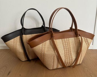 Elegancka torba z prawdziwej skóry i naturalnej rafii wykonana we Włoszech, klasyczna luksusowa torba z rafii, torba z uchwytem, letnia torba na ramię, kieszenie z rafii