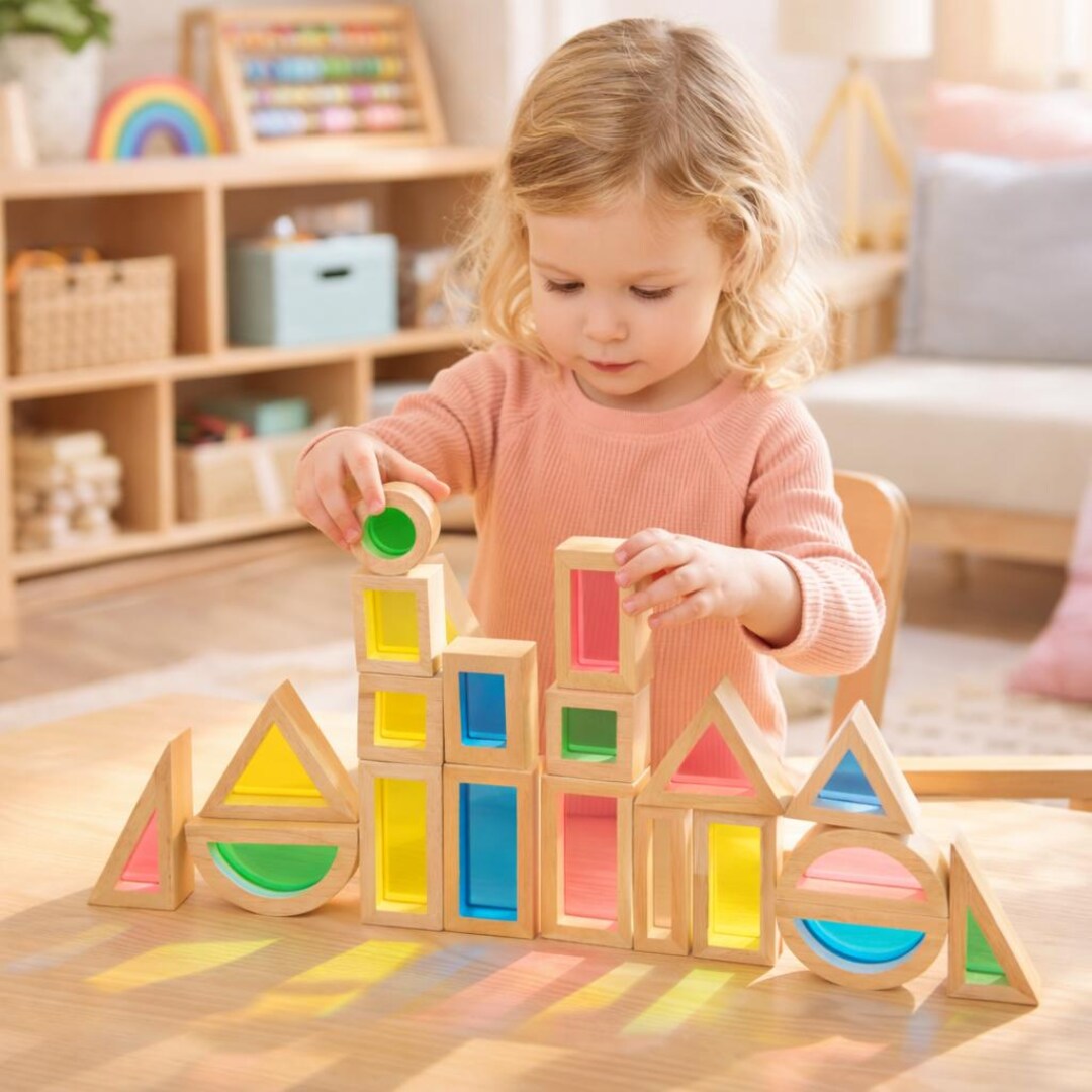 Rainbow Wooden Building Blocks | Montessori Geometric Stacking Toy (24 ...