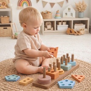 Montessori Wooden Stacking Toy | Shape Sorting Puzzle for Toddlers, Fine Motor Skills Educational Play