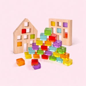 Montessori Acrylic Gem Building Blocks, Rainbow Stacking Toy, Wooden House Frame, Toddler STEM Toy