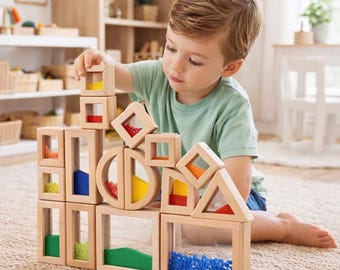 Montessori Sensory Blocks – 15 Piece Pine Building Set, Translucent Sand & Bead Toddler Toy