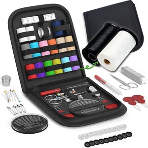 May include: A black zippered sewing kit, open to reveal spools of colorful thread, a measuring tape, needles, scissors, and other sewing notions. Additional black and white thread spools are shown separately, along with buttons and pins.